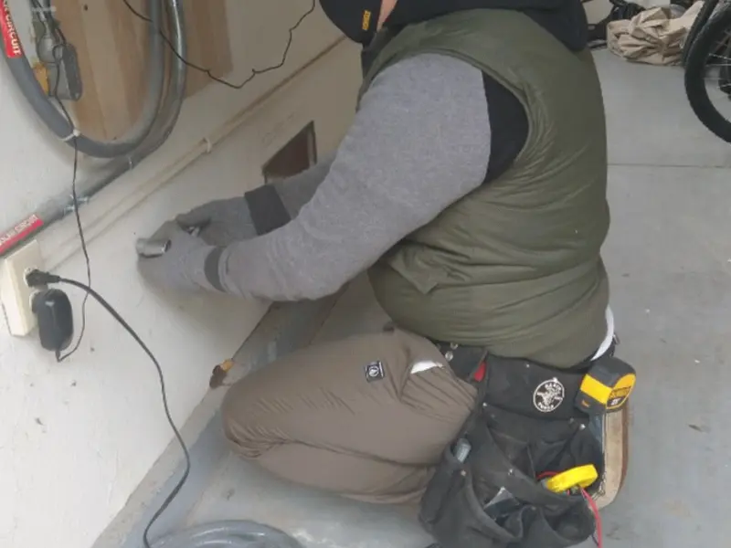 Electrician performing outlet wiring in a Abington garage